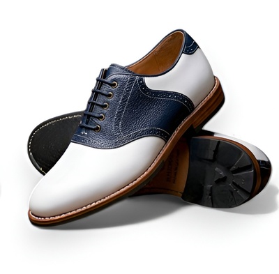 Crafted Leather Men’s Handcrafted White Blue Leather Lace up Saddle Golf Shoes