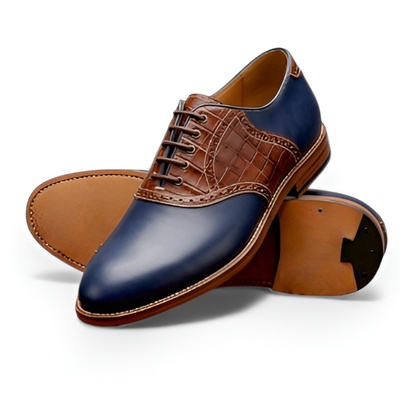 Crafted leather men’s handcrafted blue leather brown crocodile/alligator saddle golf shoes