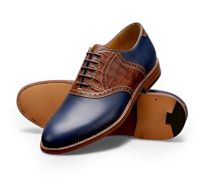 Crafted Leather Men’s Handcrafted Blue Leather Brown Crocodile/Alligator Saddle Golf Shoes