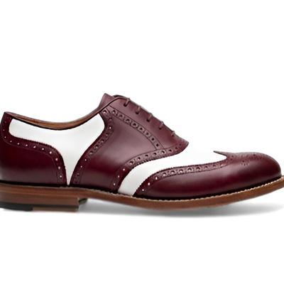 Crafted leather men’s handcrafted burgundy white leather wingtip style saddle golf shoes