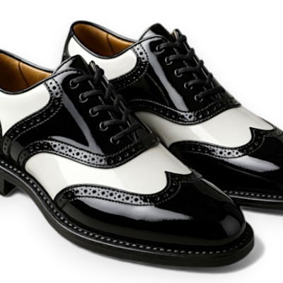 Crafted leather men’s handcrafted black white patent leather wingtip style saddle golf shoes
