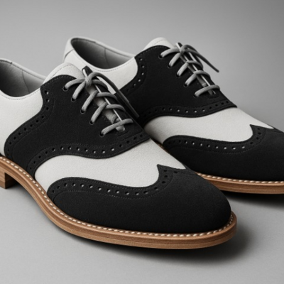 Crafted leather men’s handcrafted black white suede leather wingtip lace up saddle golf shoes