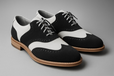 Crafted Leather Men’s Handcrafted Black White Suede Leather Wingtip Lace up Saddle Golf Shoes