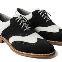 Crafted Leather Men’s Handcrafted Black White Suede Leather Wingtip Lace up Saddle Golf Shoes - Thumbnail 1