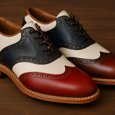 Crafted leather men’s handcrafted classic multi color leather white blue red and brown wingtip lace up saddle golf shoes