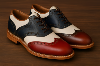 Crafted Leather Men’s Handcrafted Classic Multi Color Leather White Blue Red and Brown Wingtip Lace up Saddle Golf Shoes