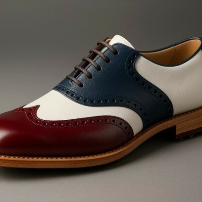 Crafted leather men’s handcrafted classic leather golf saddle shoes in white burgundy and blue