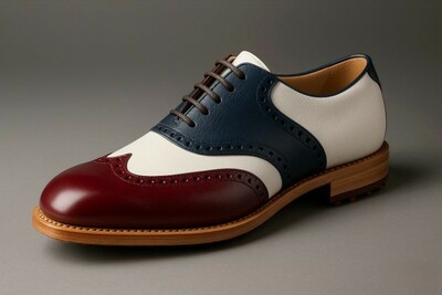 Crafted Leather Men’s Handcrafted Classic Leather Golf Saddle Shoes in White Burgundy and Blue