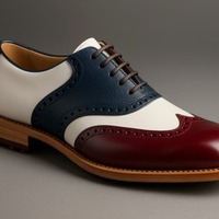 Crafted Leather Men’s Handcrafted Classic Leather Golf Saddle Shoes in White Burgundy and Blue - Thumbnail 1
