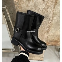 Women's ankle boots Martin belt buckle knight cowhide boots - Thumbnail 1