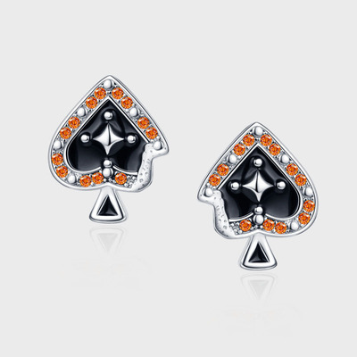 Ace of spades stud earrings, black enamel sweetheart shape with orange zircon, s925 sterling silver needle