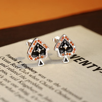 Ace of Spades Stud Earrings, Black Enamel Sweetheart Shape with Orange Zircon, S925 Sterling Silver Needle - Thumbnail 2