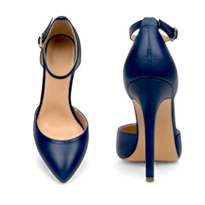 Crafted leather classic women navy blue leather ankle strap high heel dress shoes