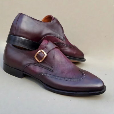Crafted Leather Men’s Handcrafted Classic Burgundy Leather Wingtip Monk Strap Dress Shoes
