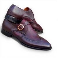 Crafted Leather Men’s Handcrafted Classic Burgundy Leather Wingtip Monk Strap Dress Shoes - Thumbnail 2