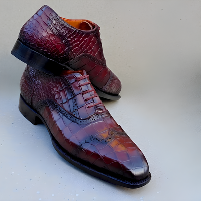 Crafted leather men’s handcrafted classic burgundy crocodile/alligator leather dress shoes