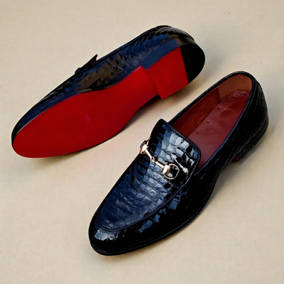 Crafted Leather Men’s Handcrafted Classic Black Crocodile Leather Moccasin Loafers Dress Shoes