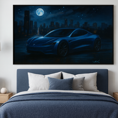 Sleek electric car under full moon