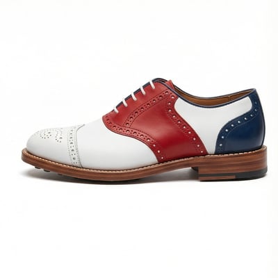 Crafted leather men’s handcrafted white red and blue leather wingtip oxford style lace up saddle golf shoes