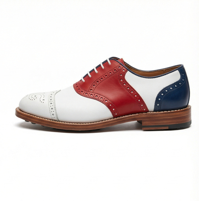 Crafted Leather Men’s Handcrafted White Red and Blue Leather Wingtip Oxford Style Lace up Saddle Golf Shoes
