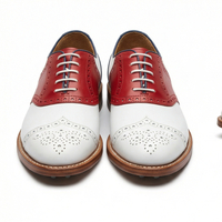 Crafted Leather Men’s Handcrafted White Red and Blue Leather Wingtip Oxford Style Lace up Saddle Golf Shoes - Thumbnail 2
