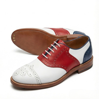 Crafted Leather Men’s Handcrafted White Red and Blue Leather Wingtip Oxford Style Lace up Saddle Golf Shoes - Thumbnail 1