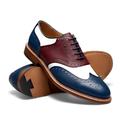 Crafted leather men’s blue / burgundy / white leather wingtip style oxford lace up saddle golf shoes