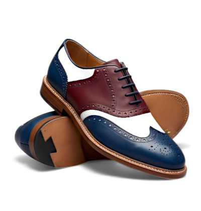 Crafted Leather Men’s Blue / Burgundy / White Leather Wingtip Style Oxford Lace up Saddle Golf Shoes