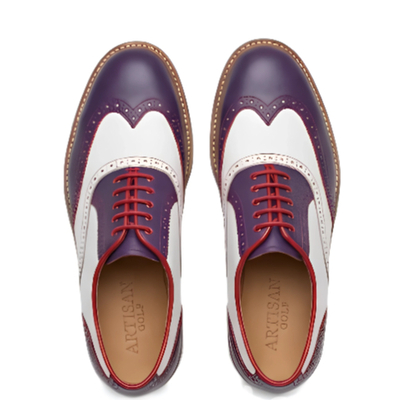 Crafted leather men’s tri color saddle golf shoes in purple leather base red accent trim white saddle panel wingtip style 
