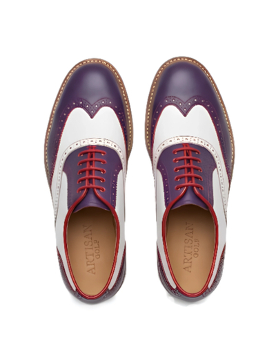 Crafted Leather Men’s Tri Color Saddle Golf Shoes in Purple Leather Base Red Accent Trim White Saddle Panel Wingtip Style 