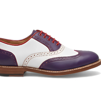 Crafted Leather Men’s Tri Color Saddle Golf Shoes in Purple Leather Base Red Accent Trim White Saddle Panel Wingtip Style  - Thumbnail 1