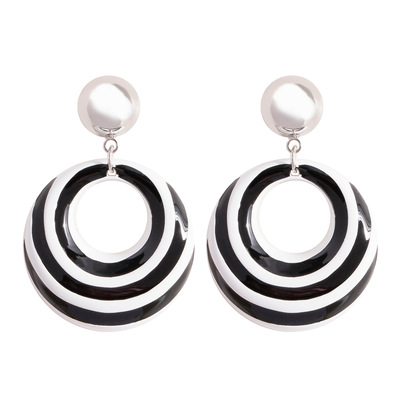 Zebra striped circle drop earrings,  enamel statement stripped earrings with steel stud, exaggerated niche style dangle earrings