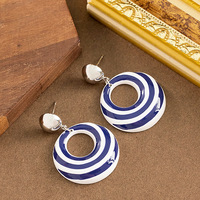 Zebra Striped Circle Drop Earrings,  Enamel Statement Stripped Earrings with Steel Stud, Exaggerated Niche Style Dangle Earrings - Thumbnail 1