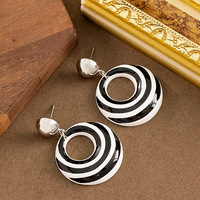 Zebra Striped Circle Drop Earrings,  Enamel Statement Stripped Earrings with Steel Stud, Exaggerated Niche Style Dangle Earrings - Thumbnail 2