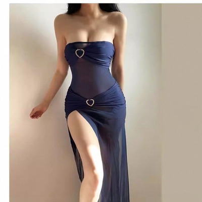 Strapless off-shoulder see-through dress and see-through underwear