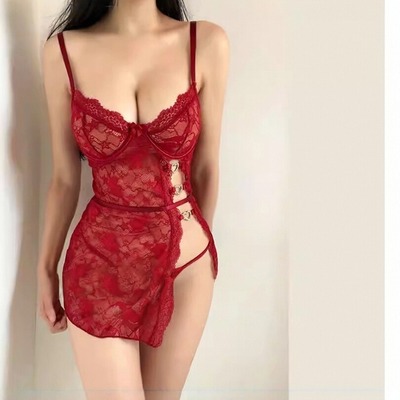 Sexy lace mesh slit nightgown