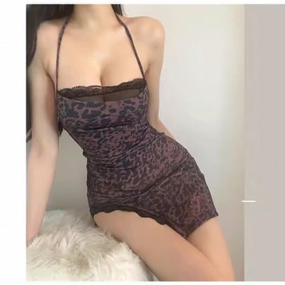 Sexy leopard print halter neck lace seductive bodycon slit skirt