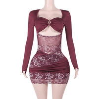 Long-sleeved lace cutout sexy bodycon dress - Thumbnail 3