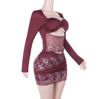 Long-sleeved lace cutout sexy bodycon dress - Thumbnail 4