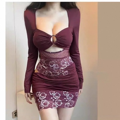 Long-sleeved lace cutout sexy bodycon dress