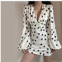 Fashionable Polka Dot Print Sexy Deep V Slim Flared Sleeve Hip Dress - Thumbnail 8