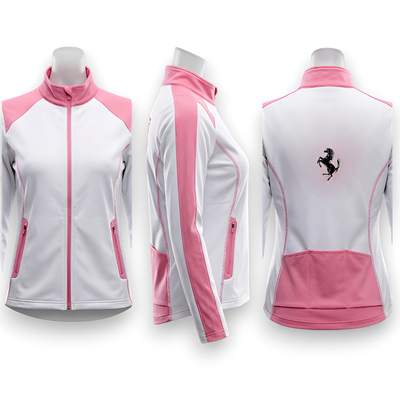 Crafted Leather Women Sports Jacket in White and Pink Color Modern Racing Motorcycle Style and Sporty Panels