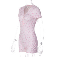 Sweet floral print slim-fit versatile polo collar short jumpsuit - Thumbnail 1