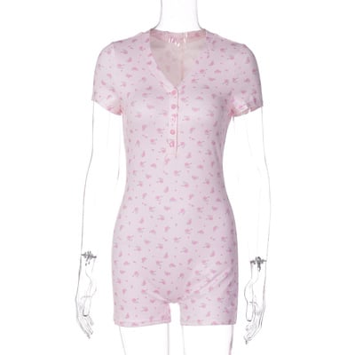 Sweet floral print slim-fit versatile polo collar short jumpsuit