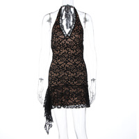 Sexy hot girl sleeveless deep V slim-fit short backless ribbon lace halter dress - Thumbnail 1