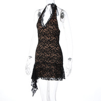 Sexy hot girl sleeveless deep V slim-fit short backless ribbon lace halter dress - Thumbnail 4