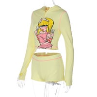 Fashionable cartoon print casual sportswear hooded long-sleeved shorts set - Thumbnail 1