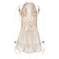 Sexy deep V backless fitted satin halter neck dress - Thumbnail 3