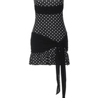 Fashionable polka dot print strapless dress with contrasting patchwork and tie-up details - Thumbnail 2