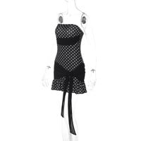 Fashionable polka dot print strapless dress with contrasting patchwork and tie-up details - Thumbnail 3